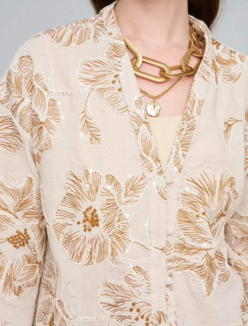 Shirt with Floral Embroidery and Sequin Details - Skin