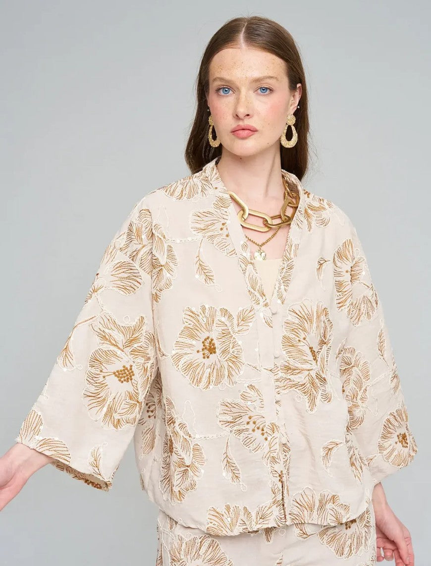 Shirt with Floral Embroidery and Sequin Details - Skin