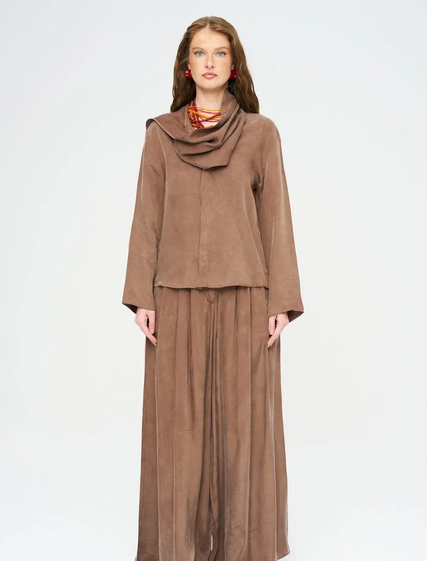Scarf Detailed Coffee Draped Shirt - Brown
