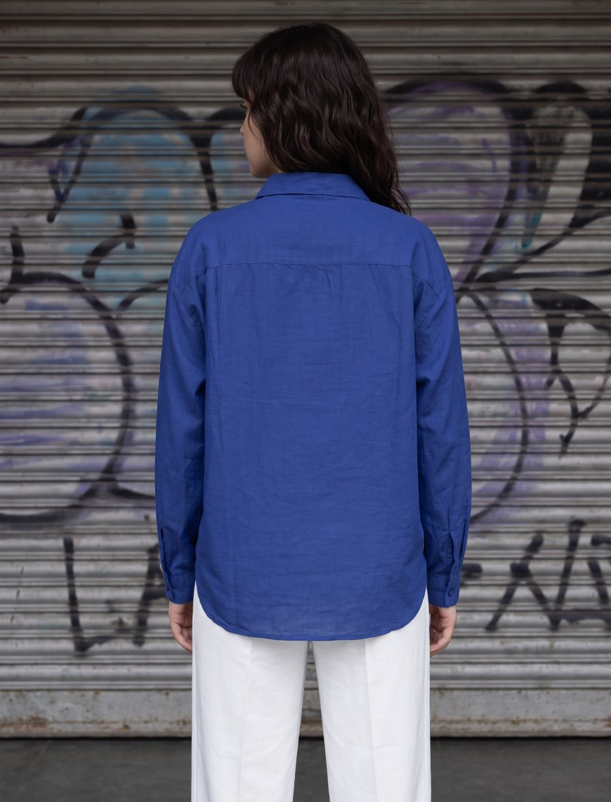 Indigo Cotton Linen Women's Shirt - Blue