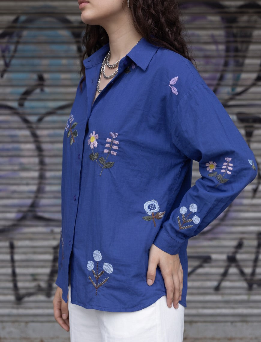 Indigo Cotton Linen Women's Shirt - Blue
