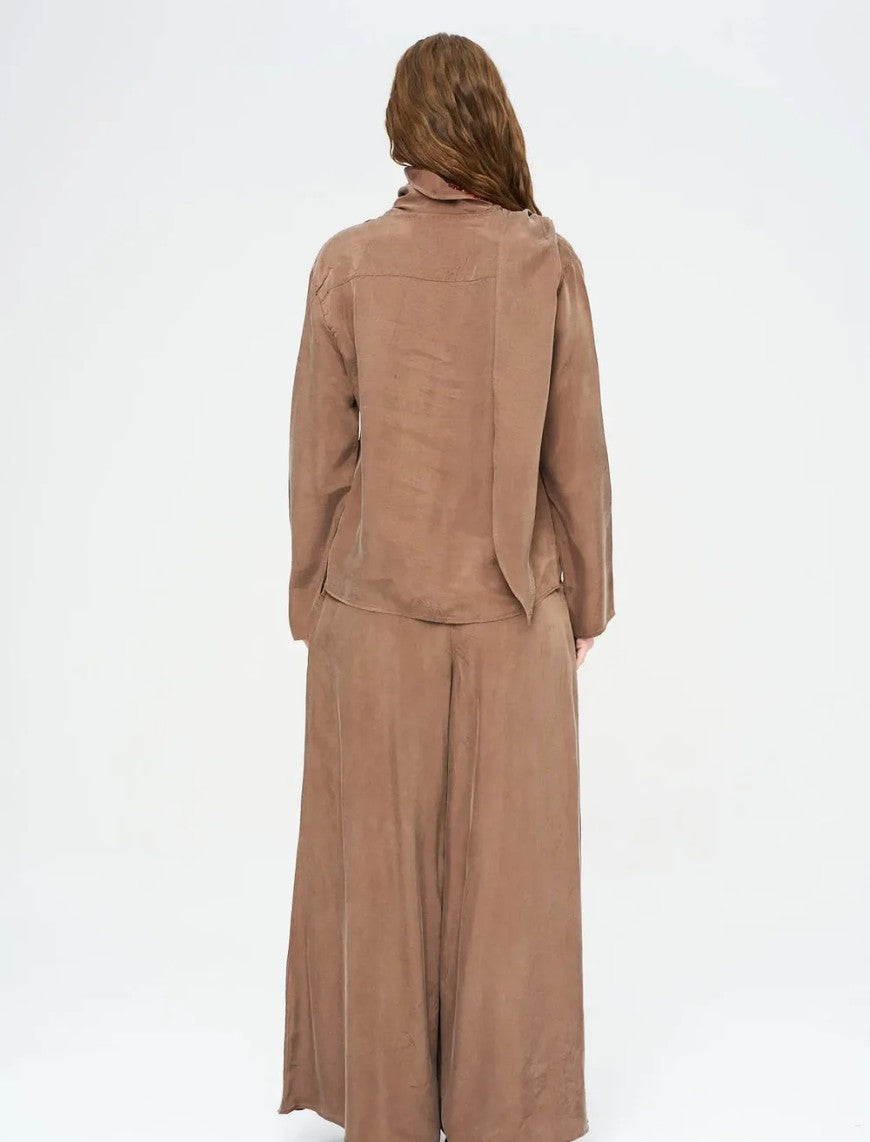 Scarf Detailed Coffee Draped Shirt - Brown