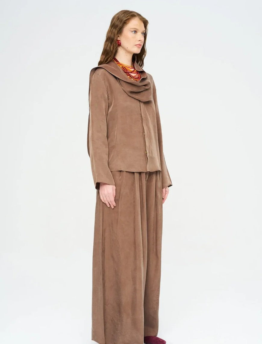 Scarf Detailed Coffee Draped Shirt - Brown