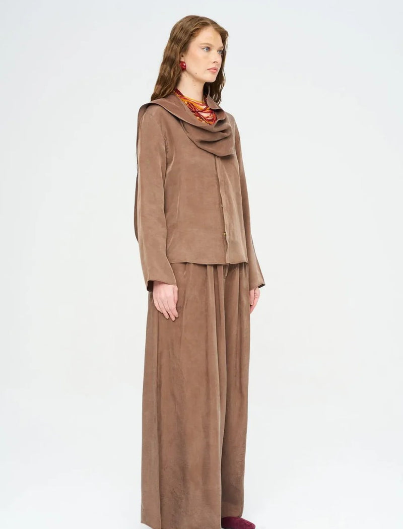 Scarf Detailed Coffee Draped Shirt - Brown