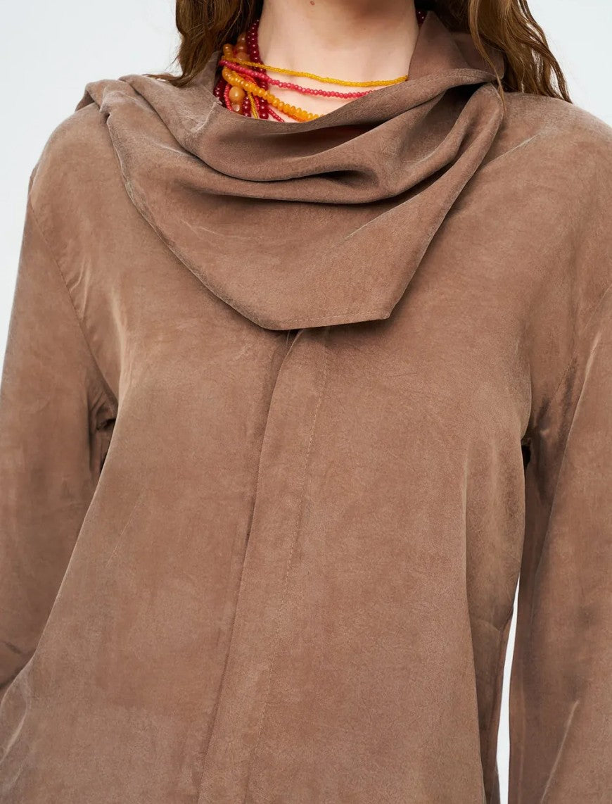 Scarf Detailed Coffee Draped Shirt - Brown