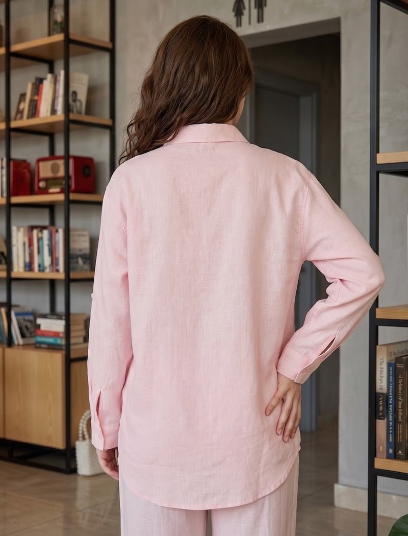 Shirt with Floral Embroidery and Stone Work Details - Pink