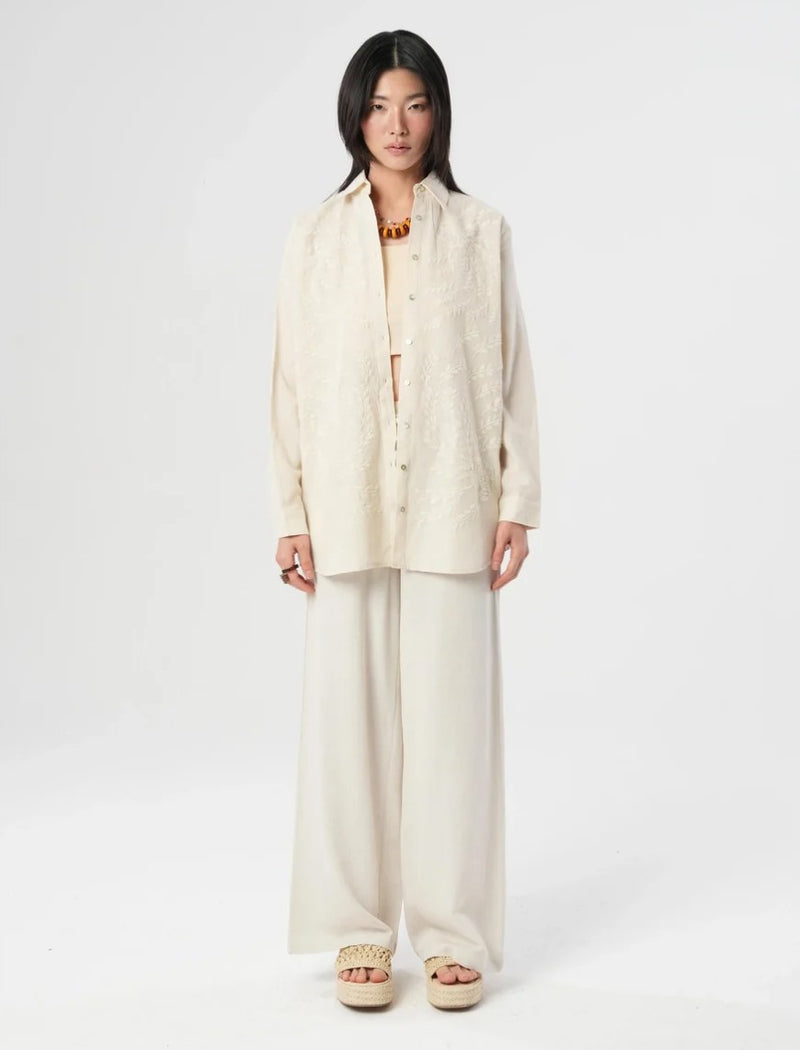 Oversize Linen Shirt with Embroidered Details - Off White