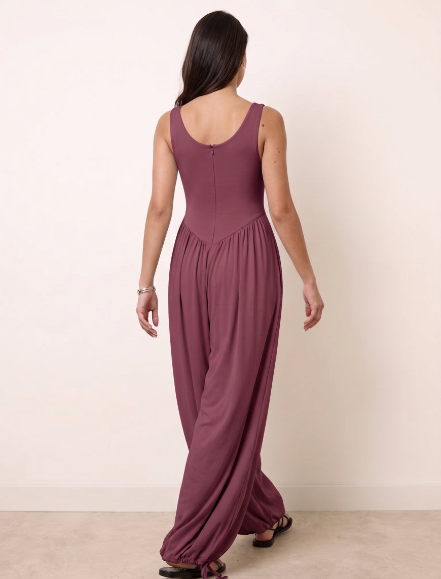 Cotton Blended Jersey Wide-Leg Jumpsuit - Maroon