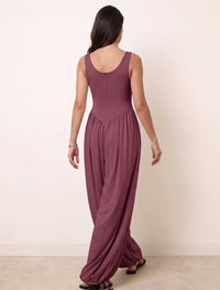 Cotton Blended Jersey Wide-Leg Jumpsuit - Maroon
