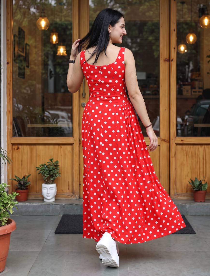 Polka Dot Dress With Waist Gathers - Red