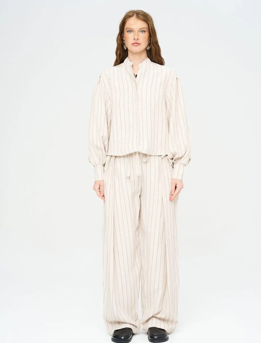 Striped Linen Blend Short Shirt - Beige