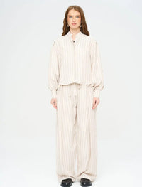 Striped Linen Blend Short Shirt - Beige