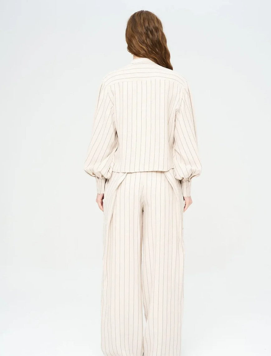 Striped Linen Blend Short Shirt - Beige