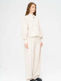 Striped Linen Blend Short Shirt - Beige