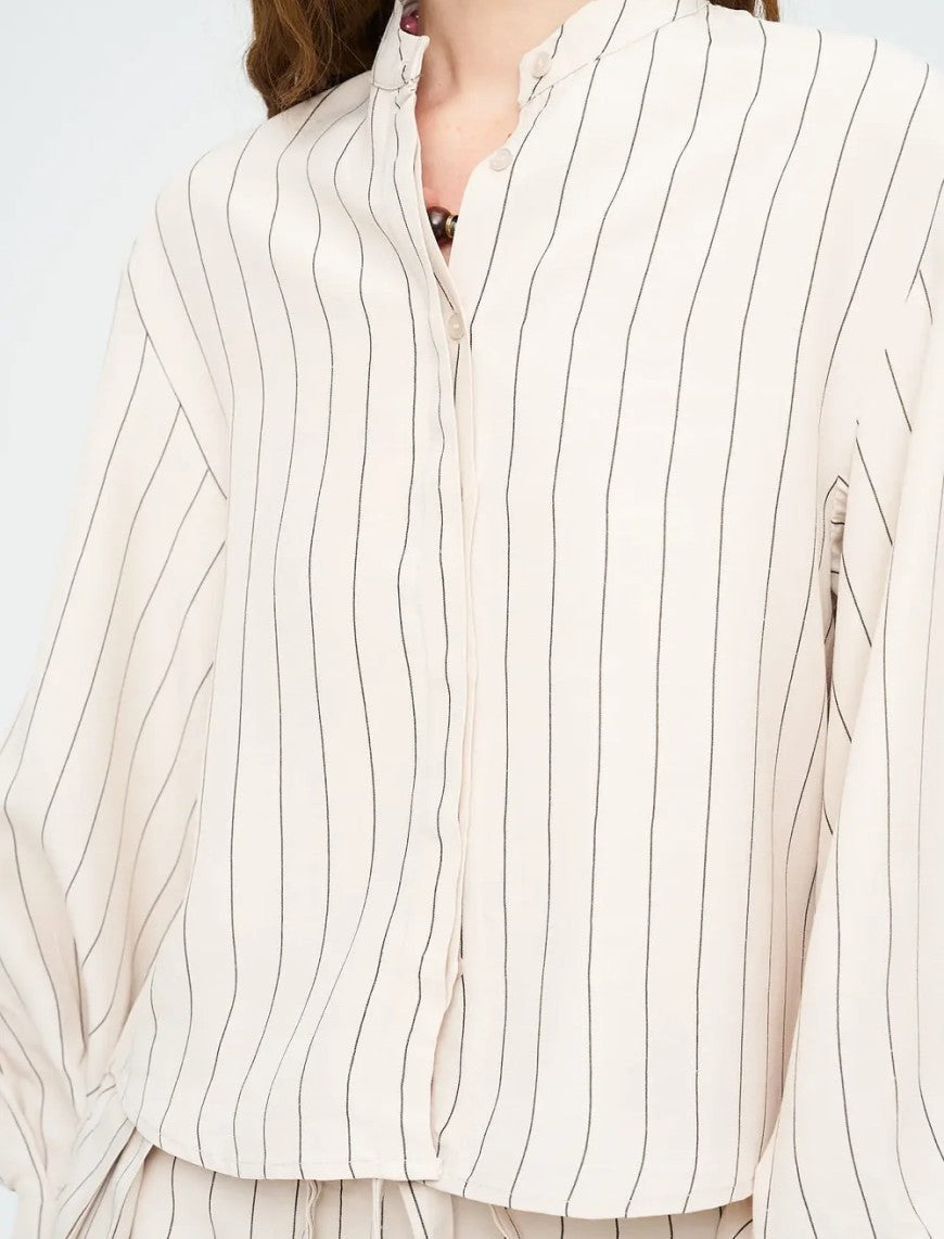 Striped Linen Blend Short Shirt - Beige