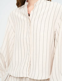 Striped Linen Blend Short Shirt - Beige