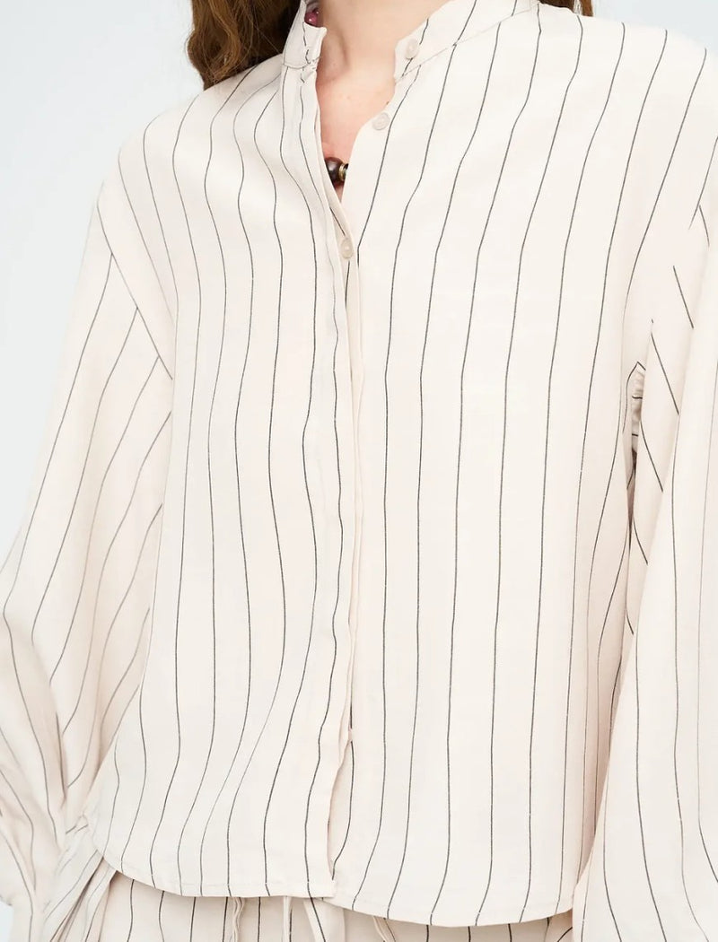 Striped Linen Blend Short Shirt - Beige