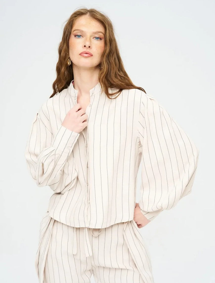 Striped Linen Blend Short Shirt - Beige