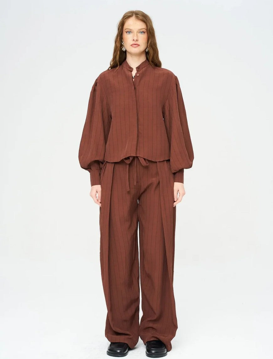 Striped Linen Blend Short Shirt - Brown