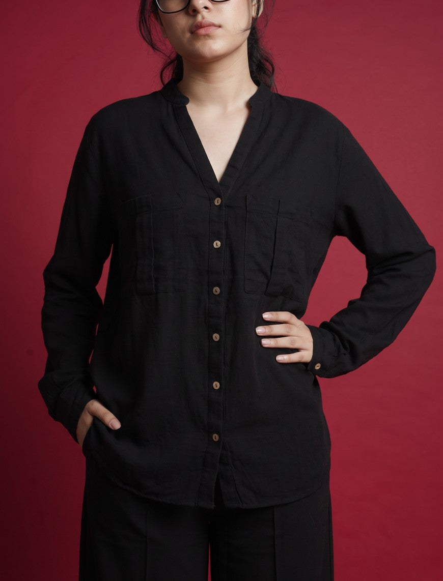 Indigo Cotton Linen Women's Shirt - Black