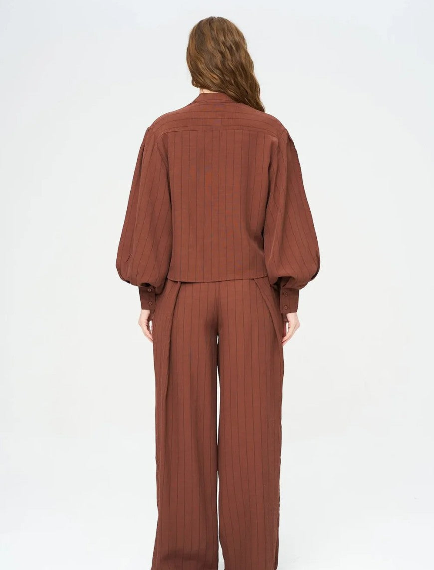 Striped Linen Blend Short Shirt - Brown