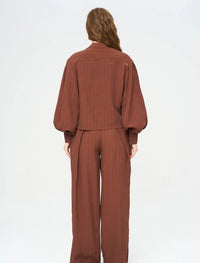 Striped Linen Blend Short Shirt - Brown