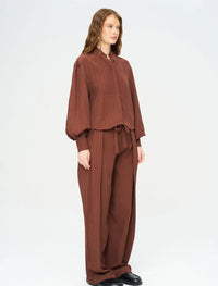 Striped Linen Blend Short Shirt - Brown