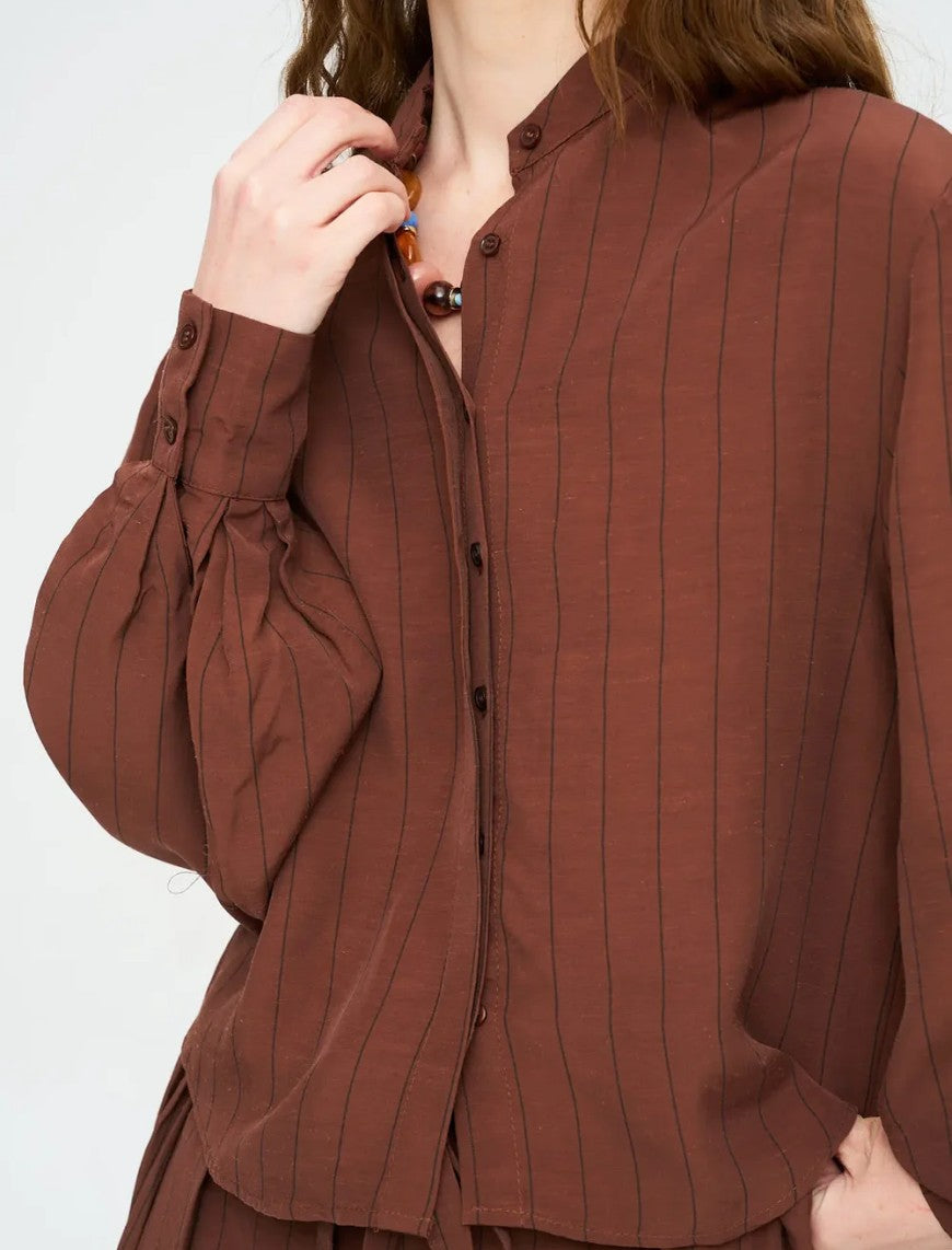 Striped Linen Blend Short Shirt - Brown