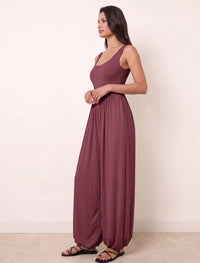 Cotton Blended Jersey Wide-Leg Jumpsuit - Maroon