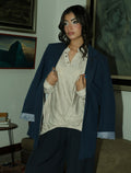 Linen Blend Lined Blue Women's Blazer Jacket