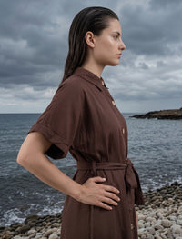 Indigo Tie Hemp Linen Shirtdress - Brown