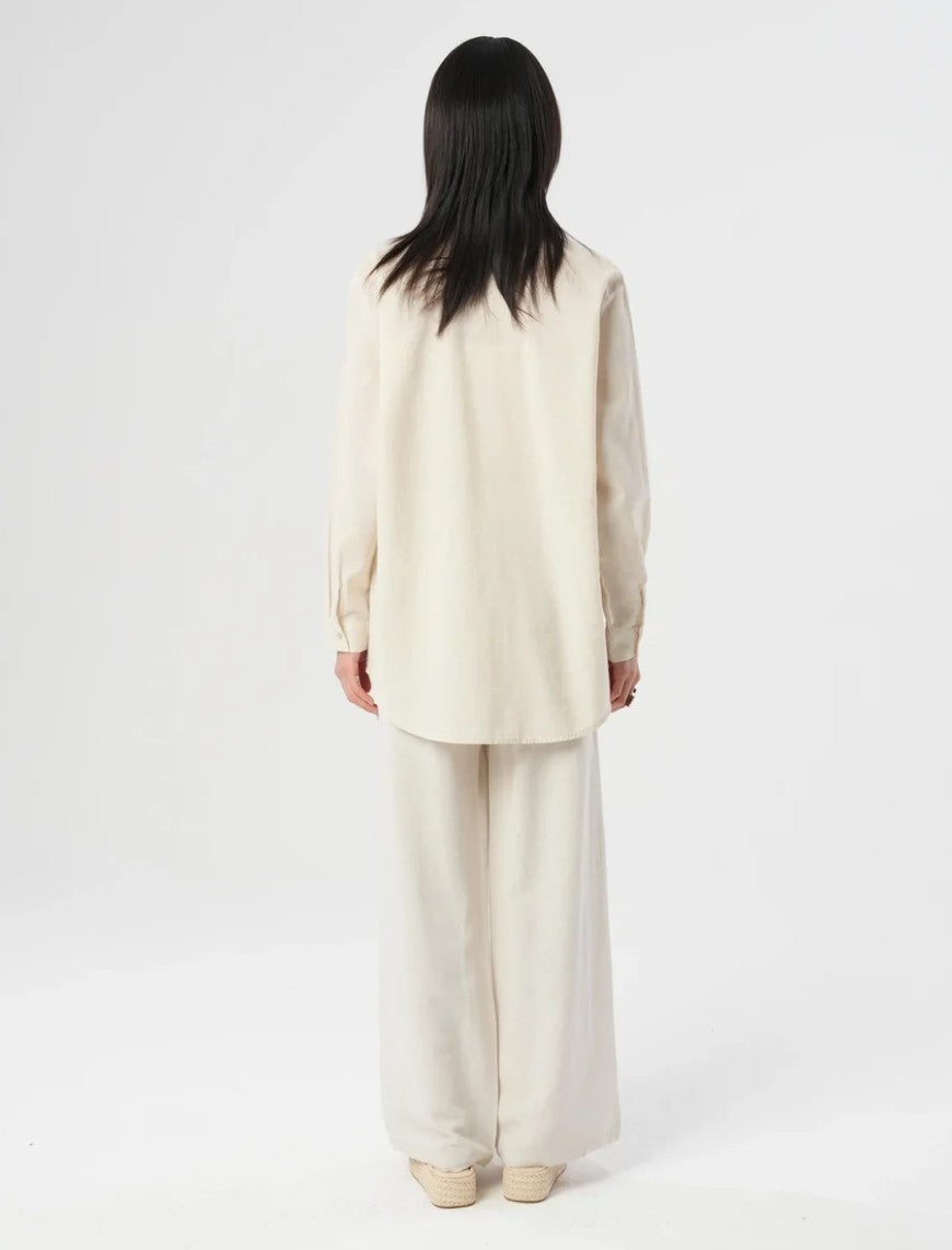 Oversize Linen Shirt with Embroidered Details - Off White