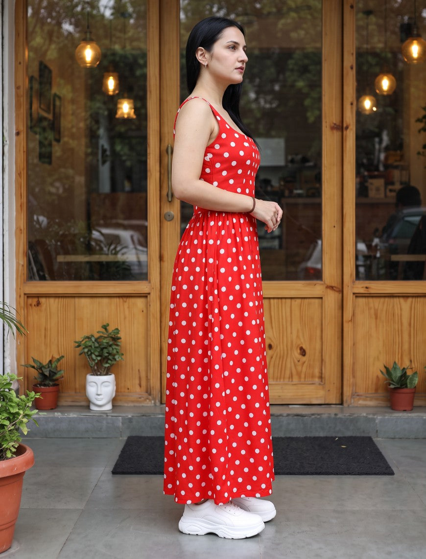 Polka Dot Dress With Waist Gathers - Red