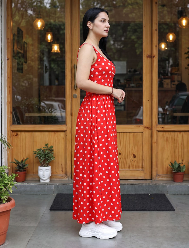 Polka Dot Dress With Waist Gathers - Red