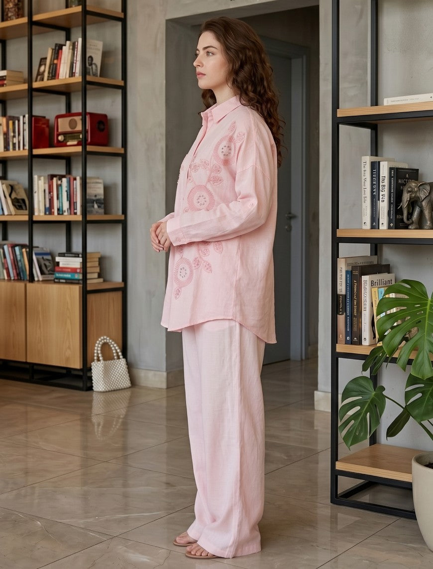 Shirt with Floral Embroidery and Stone Work Details - Pink