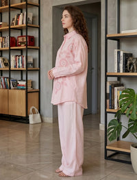 Shirt with Floral Embroidery and Stone Work Details - Pink