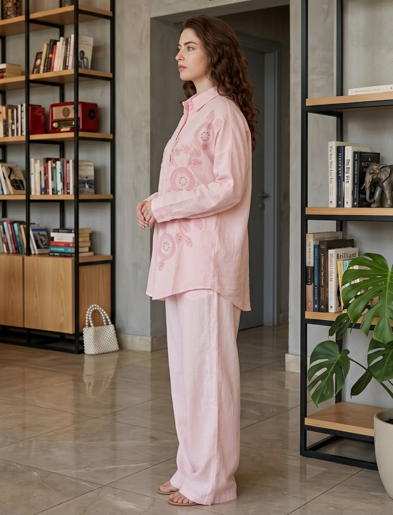 Shirt with Floral Embroidery and Stone Work Details - Pink