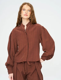 Striped Linen Blend Short Shirt - Brown