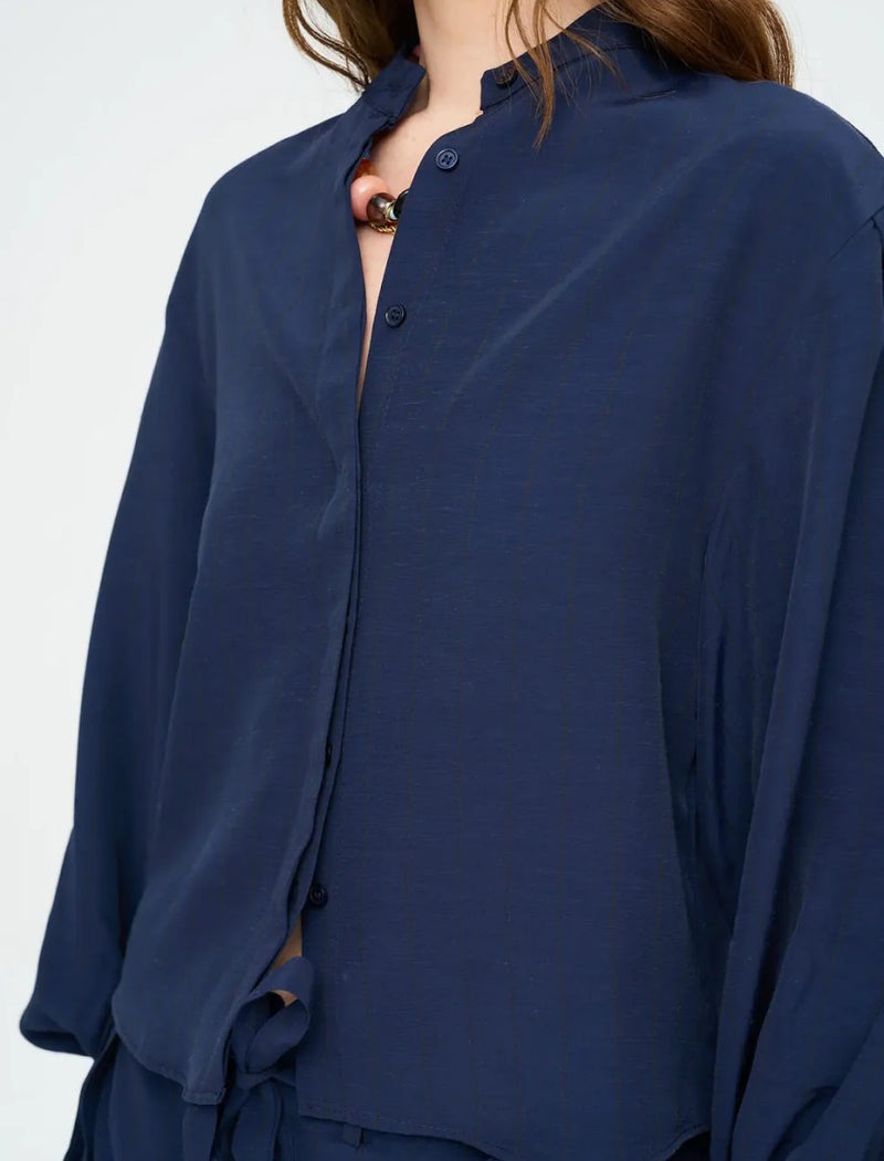 Striped Linen Blend Short Shirt - Blue