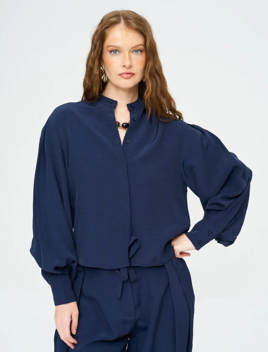 Striped Linen Blend Short Shirt - Blue