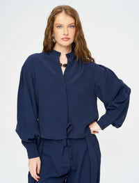Striped Linen Blend Short Shirt - Blue