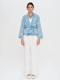 Premium Short Kimono with Ethnic Embroidery and Belt - Blue