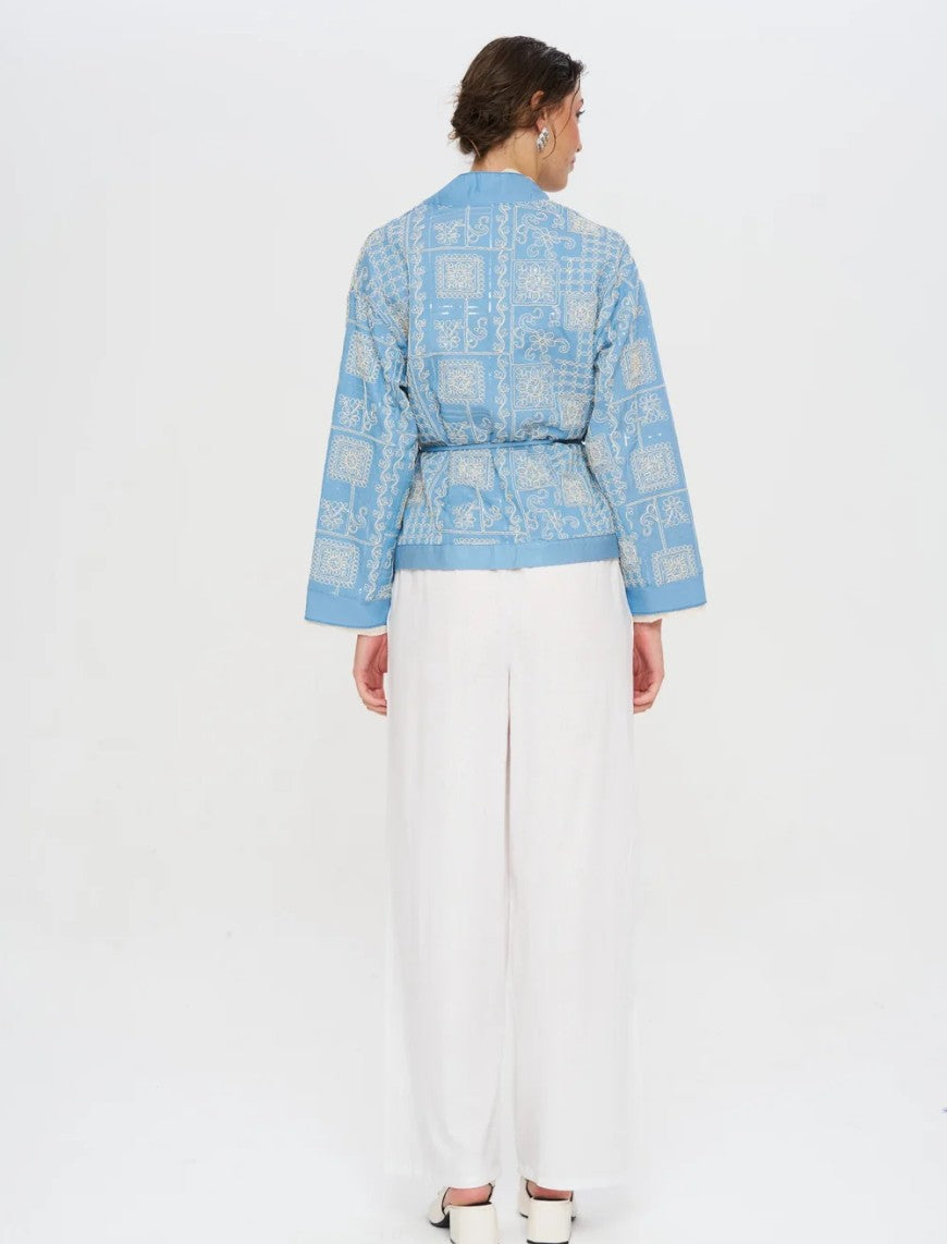 Premium Short Kimono with Ethnic Embroidery and Belt - Blue