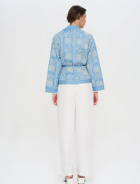 Premium Short Kimono with Ethnic Embroidery and Belt - Blue
