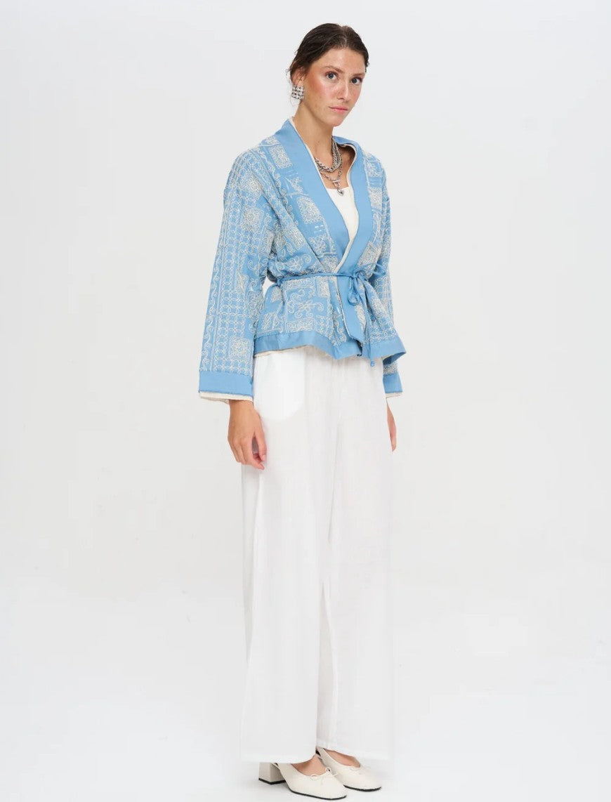 Premium Short Kimono with Ethnic Embroidery and Belt - Blue