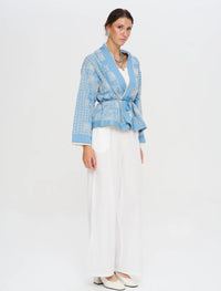 Premium Short Kimono with Ethnic Embroidery and Belt - Blue