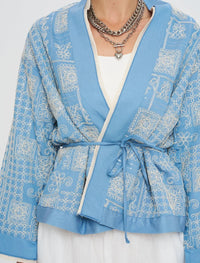 Premium Short Kimono with Ethnic Embroidery and Belt - Blue
