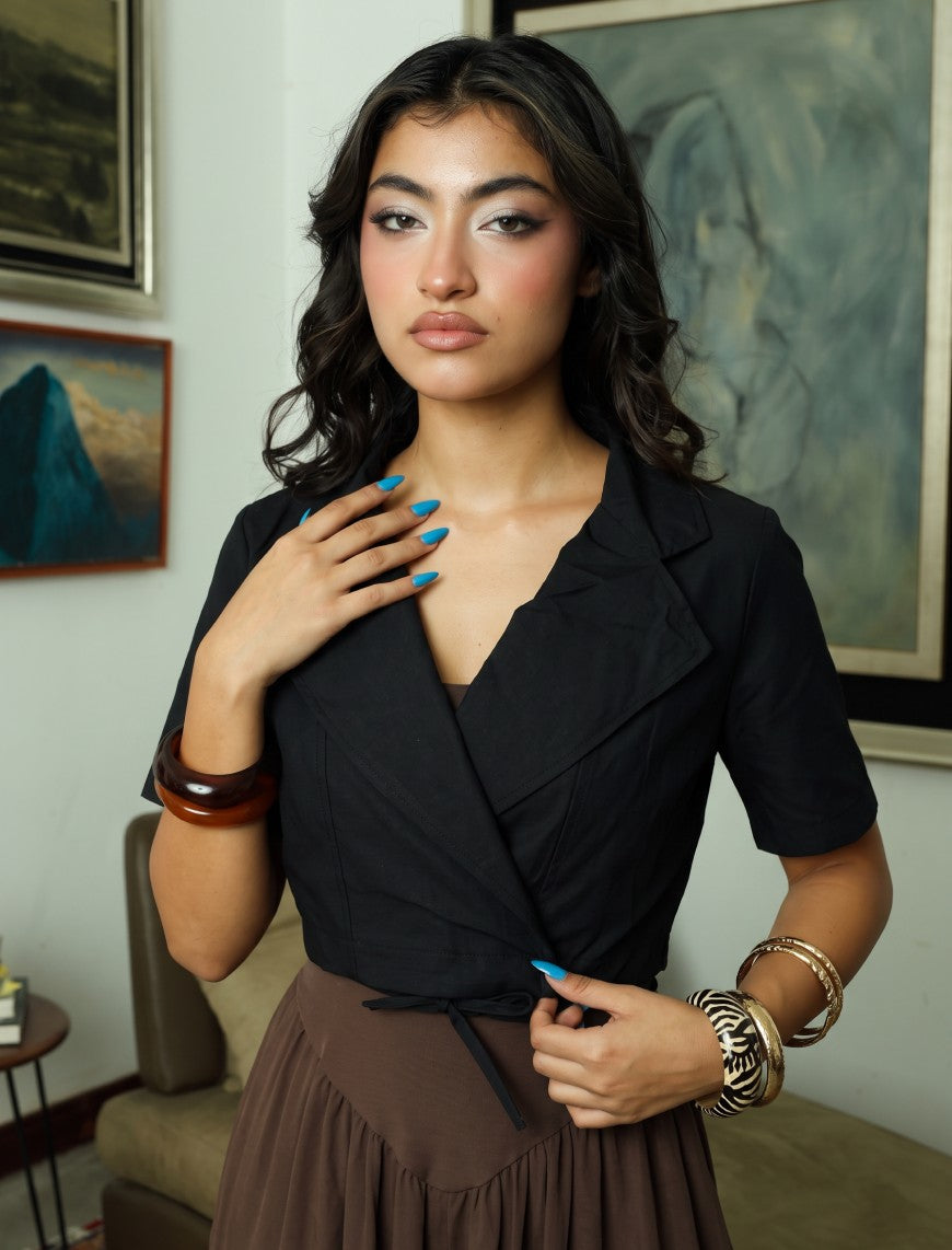 Cotton Collar tie Top - Black