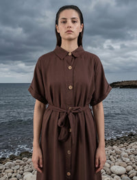 Indigo Tie Hemp Linen Shirtdress - Brown