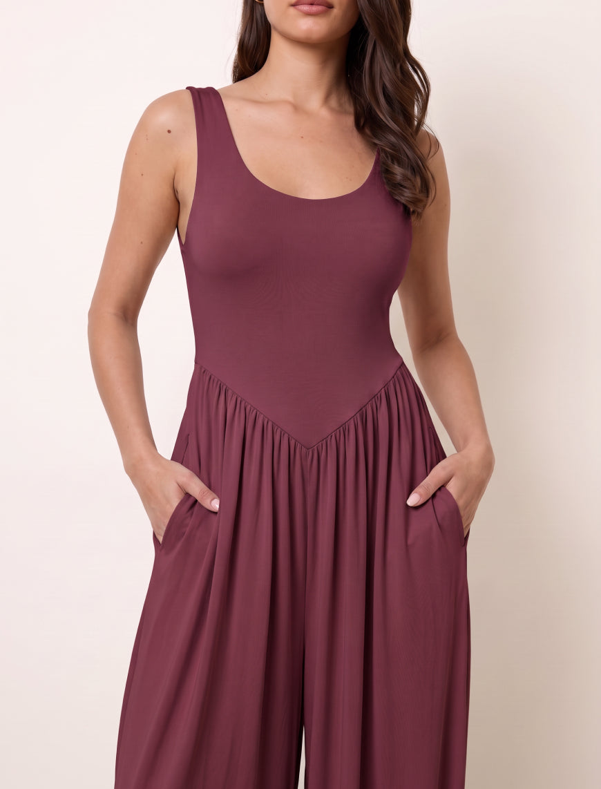 Cotton Blended Jersey Wide-Leg Jumpsuit - Maroon